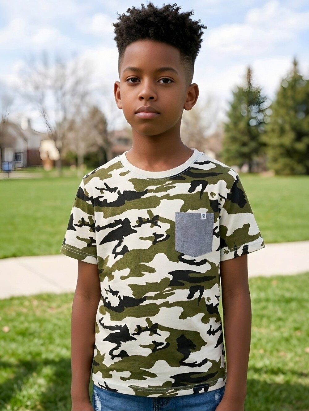 Sovereign Code Boys Green Camo Contrast Chambray Pocket Travis Tee NWT XL 18/20